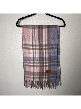 Plaid Fringe Scarf By JM - Pink Brown & Blue - 26"x78" Soft Acrylic Winter Wrap